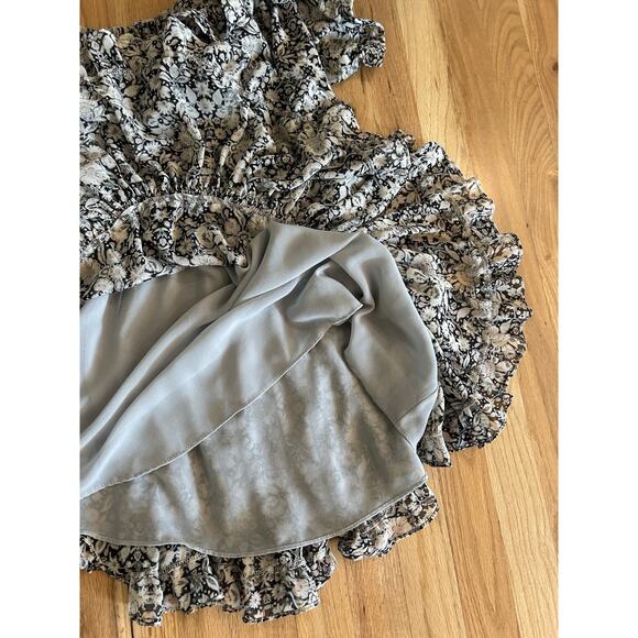 Misa One Shoulder Ruffle Mini Dress Floral Black Ivory Size Medium Josefine - Picture 6 of 10